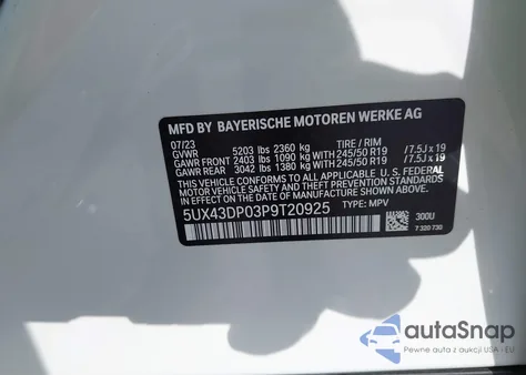 2023 BMW X3 Sdrive30I из США, поврежденный, VIN 5UX43DP03P9T20925